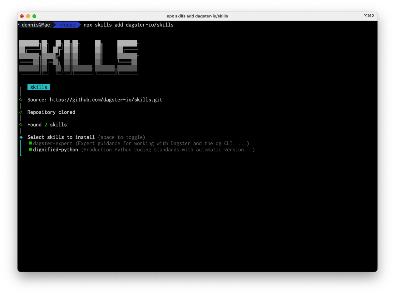 Terminal output showing npx skills install completing successfully